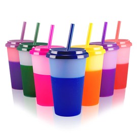 Patinao Color Changing Cups Tumblers with Lids & Straws for Kids - 7 Reusable Plastic Bulk Tumblers 12oz Cold Cup Tumbler Set for Kids