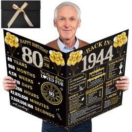 Kuxriox Large 80th Birthday Card With Envelope, Black Gold Happy 80th Birthday Giant Guest Book Gifts for Men Women, Giant Eighty Bday Card Gifts Party Supplies, Back in 1944 Jumbo 80 Bday Card
