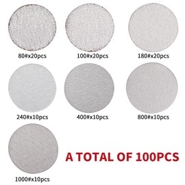 NuoDunco 100Pcs 3 Inch Premium Sanding Disc Hook and Loop 80/100/180/240/400/800/1000 Grit Sandpaper for Sanders Grinder Drill Attachment Rotary Tools Woodworking Autobody, No Hole