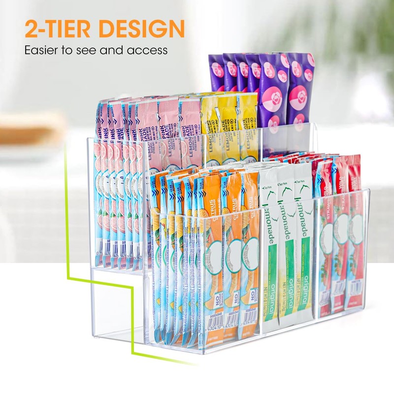 AIEVE Drink Packet Organizer, 2-Tier Water Flavor Packet Holder for