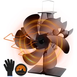 POWZOO Stove Fan, Fireplace Fan, 6 Blade Fans (without Electricity), Quiet Operation, with Thermometer Gloves, Heat-Powered Fan, Fireplace Fan, Fireplace Stove for Wood Stoves / Wood Burners