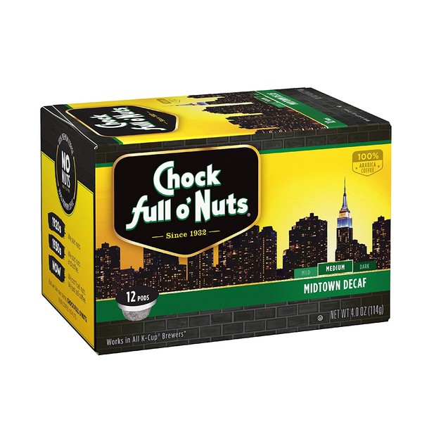 Chock Full o’Nuts Midtown Decaf Medium Roast, K-Cup Compatible Pods (12 Count) - 100% Premium Arabica Coffee in Eco-Friendly Keurig-Compatible Single Serve Cups