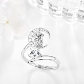 TANGPOET Owl Gifts for Women Girls 925 Sterling Silver Adjustable Owl Thumb Rings Star and Moon Open Finger Rings Jewellery Gifts for Mothers Day Christmas Valentines