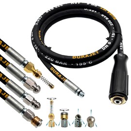 Pipe Cleaning Hose for Kärcher Kränzle HD HDS M22 IG + 4 Nozzles (220 Bar, 155 °C) – High Pressure Pipe Cleaning with Stainless Steel and Brass Nozzles – Durajet Quality (50 Metres)
