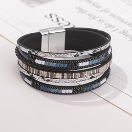 Bohemian multi-layer winding bracelet with magnetic buckle, trendy artistic men's and women's leather bracelet (One size, Black)