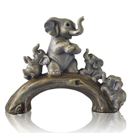 FriyGardcn Cute Yellow Elephant Statues Home Décor The Good Luck Elephant and Her Three Children are Playing on a Log Bridge Good Gifts for Elephant Lovers Decoration for Living Room, Bedroom, Office