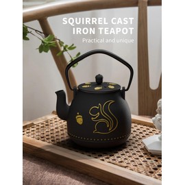 Toptier Teapot with Removable Infuser, Cast Iron Tea Kettle Stovetop Safe, Squirrel Design Tea Pot Coated with Enameled Interior for 32 Ounce (950 ml), Black