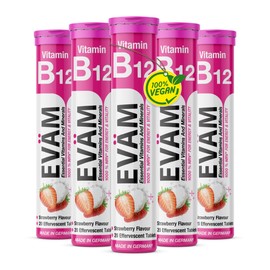 EVÄM B12 Effervescent Tablets Strawberry I Strawberry Flavour I 5 x 20 Pieces I Dietary Supplement with Important Vitamins for Daily Vitamin Needs I Vegan I Sugar Free I Made in Germany