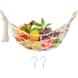 Gusruvti Hanging Fruit Hammock Under Cabinet with Hooks Hand Woven Boho Fruit Vegetable Hanger Basket Fruit Holder Net Hanging Fruit Baskets for kitchen Storing Banana Fruits Hanging Basket