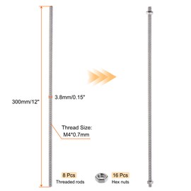 uxcell 8 Pack 8/32 Inch M4 Threaded Rods Studs with Hex Nuts, 8 Pcs M4 Stainless Steel Fully Threads Studs Rods, 16 Pcs Fully Threaded Hex Nuts for DIY Beaded Garden Stakes (12 Inch)