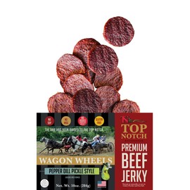 Top Notch Wagon Wheels Jerky - 10 oz Bag of Beef Jerky - High Protein Snacks for Kids and Adults Made From Locally Raised Beef - Flavorful Rounds of Premium Beef Jerky (Pepper Dill Pickle)