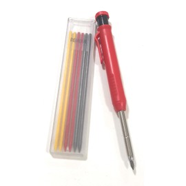 JEYEFFE Carpenter's Pencil with 7 Refills and Integrated Sharpener - Precision Tool for Marking Deep Holes on Wood and Hard Surfaces - Ideal for Carpenters and Masons (Red)