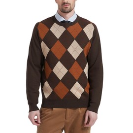 Kallspin Men's Crewneck Argyle Knit Jumpers Wool Blend Long Sleeve Sweater Pullovers (Brown,Large)