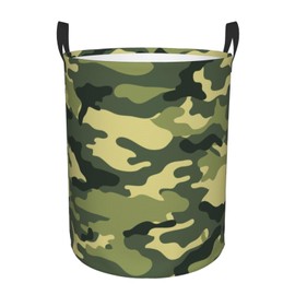 Gbuzozie Camouflage Print Round Laundry Hamper Green Camo Storage Basket Toys Clothes Organizer Bin For Home Bathroom Bedroom Dorm Nursery, 38l