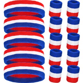 15 Pieces Striped Sweatbands, Includes 5 Pieces Sports Striped Headband and 10 Pcs Wristbands Sweatbands Colorful Striped Sweatband for Labor Day Men and Women