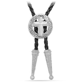 Yjfeshion Vintage Skull Bull Head Bolo Tie for Men Handmade Leather Necktie Western Carved Cross Bola Cowboy Necktie Rodeo Cowgirl Accessories for Men Women Cross Vintage Silver