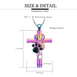 QGJNSGC Paw Print Cross Cremation Jewellery for Pet Infinity Cross Urn Necklace for Ashes Keepsake Loved One Memorial Jewellery for Dog/Cat Ashes (Rainbow)