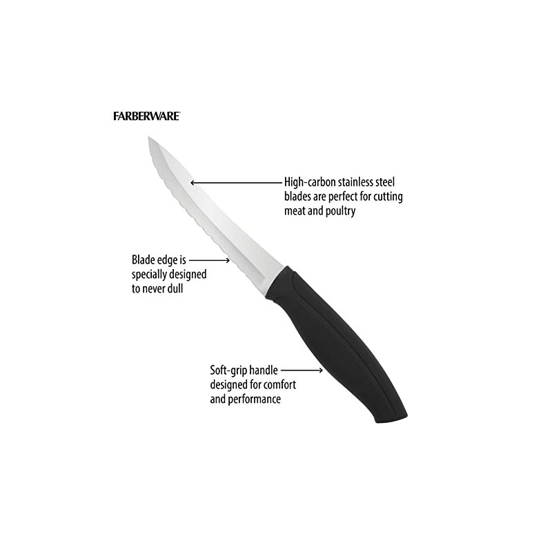 Farberware Precise Slice Steak Knife Set, 4-Piece, Black