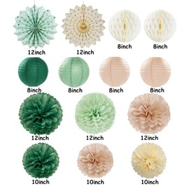 Olive-Sage Green Champagne-Gold Party-Decorations Lanterns - 14pcs Rustic Wedding Paper Fan Streamers,Tissue Pom Poms Honeycomb,Boho Bachelorette Neutral Baby Shower Birthday Bridal Decor Ouruola
