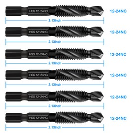 6-Piece 12-24NC Combination Drill Tap Countersink Bit Set SAE, Made of High-Speed Steel with Anti-Rust Blackened Coating, Ideal for Soft Metal, Wood & Plastic, 12-24NC Thread Size, 1/4" Hex Shank