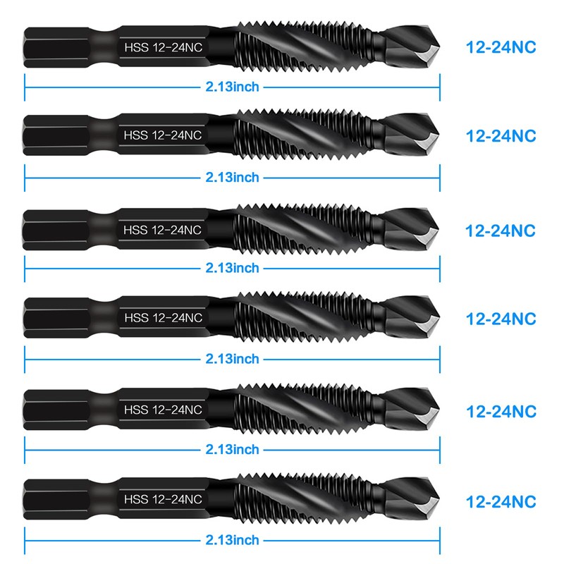 6-Piece 12-24NC Combination Drill Tap Countersink Bit Set SAE, Made