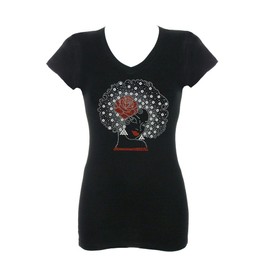 Women's Woman in Afro Hair with Red Rose Rhinestone Bling V-Neck T-Shirt XLarge