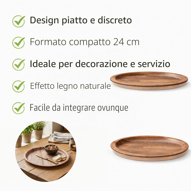 PARENCE. Vassoio Rotondo Design Effetto Legno 24 x 2 cm
