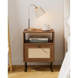 Masupu Rattan Nightstand,Modern Boho Farmhouse Wood Bedside Table with Storage Drawer and Open Shelf,Small Black Frame Side End Table for Bedroom,Living Room,Office (Walnut)
