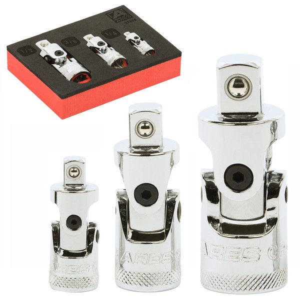 ARES 37000-3-Piece Spring Loaded Universal Joint Set – Spring Loaded Design Keeps U-Joint Rigid for Easier Positioning - 1/4-Inch, 3/8-Inch, and 1/2-Inch Drive