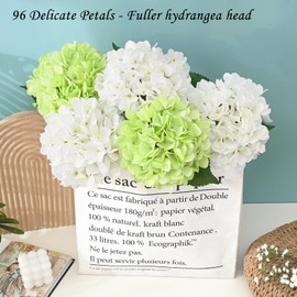 BLEUM CADE 4 Pcs Hydrangea Artificial Flowers with Realistic Stems, 18In Large Fake Flowers, Faux Flower for Home Party Decor Outdoor Wedding Bouquets Table Centerpieces Decoration,White Green