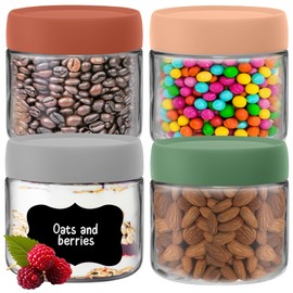HEFTMAN Overnight Oats Jars with Lids - 4 Pack 300ml Overnight Oats Jar with Airtight, Colourful Screw Lids Food-Safe Glass Breakfast Pots with Lids for Yogurt, Chia Pudding - 10oz, Reusable (4 PCS)