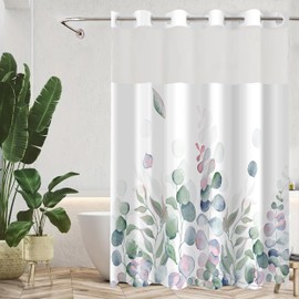 Planially No Hooks Shower Curtain with Snap in Liner,72W*74L No Hook Shower Curtain and Liner Set,Hotel Style with See Through Top Window, Fabric Outer Curtain - Waterproof Inner,Petals