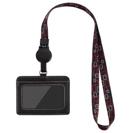 HONZUEN Leather ID Card Holder with Durable ID Yo-Yo and Lanyard, Retractable ID Card Holder Lanyard for Employees School Office Cruise Exhibition (Horizontal, Black)