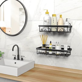 Timotech Set de 2 Estante Organizador de Baño, Repisa Autoadhesiva para Baño de Acero Inoxidable con 4 Ganchos, Decoración de hogar, Accesorios de baño (2 Piezas)