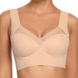 WOWENY Seamless Bras for Women Sleep Leisure Sports Yoga Bra Padded Wireless Thin Soft Comfy Pullover Tops Plus Size (Beige, S)