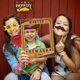 36Pcs Western Photo Booth Props for Kids Adults Western Party Decorations Wild West Theme Props with Wanted Sign for Country Party Birthday Cowboy Cowgirl Rustic Party Supplies