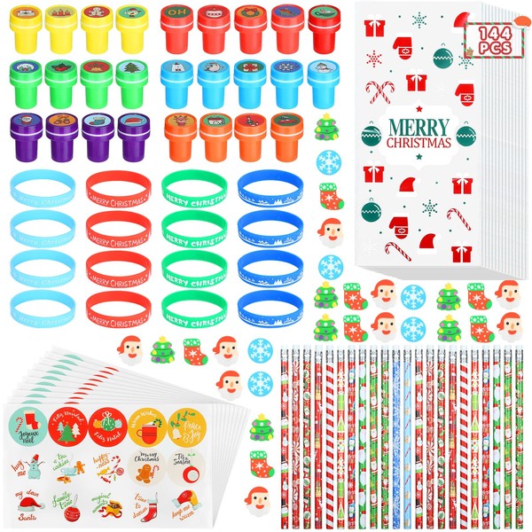 Kesote 144Pcs Christmas Party Favor Pack Christmas Ink Stampers /Xmas Pencils / Erasers / Treat Bags / Wristbands / Stickers Christmas Party Goodies Bags Fillers