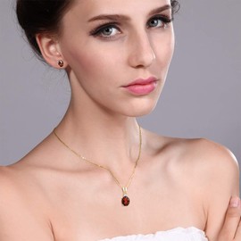 Gem Stone King 3.29 Ct Oval Red Garnet 18K Yellow Gold Plated Silver Pendant and Earrings Jewelry Set