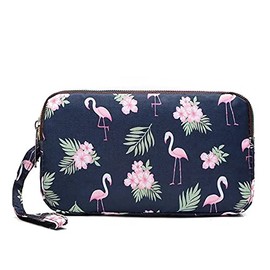 Fun PVC Canvas Wallet Purse Pouch Triple Zip w/Wrist Strap Wristlet Clutch Bag Xmas Bday Gift (Pink Flamingo)