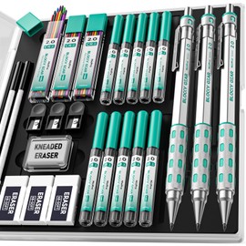 Nicpro 2mm Mechanical Pencils in Case, 3 Pack Blocky Gear Metal Drafting Lead Holder with 13 Tubes 2mm Lead Refills (HB 2B 2H 4B 4H 6B & Colors), Erasers for Carpenter Writing Drawing Woodworking