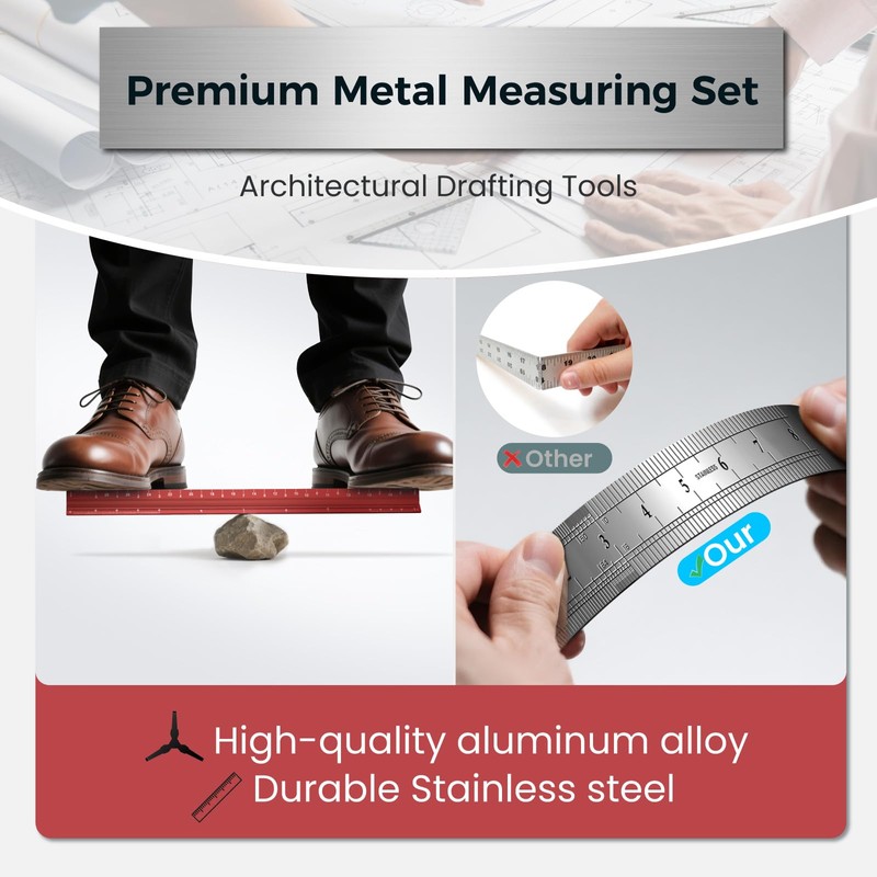 Architectural Scale Ruler 12 Inch: 2-Pack 12" Aluminum Triangle Ruler