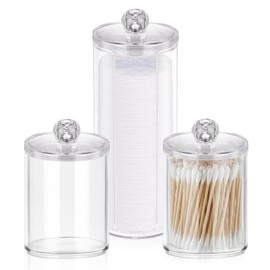 SAVOSWEET Pack of 3 Cotton Buds Holder, Cotton Pad Dispenser, Cotton Pad Storage Box with Lid, Transparent Cosmetic Organiser Dispenser, for Bathroom Make-Up Cotton Buds Cotton Pad Storage
