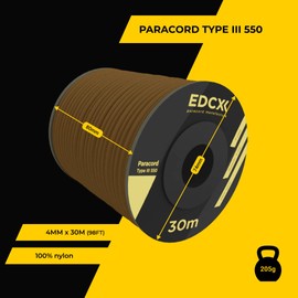 EDCX 4mm Nylon Paracord 550 30m (100ft) - Type III, 100% Nylon Rope, 7-Strand Rope, 4mm Solid Nylon Rope (Coyote Brown, 30m)