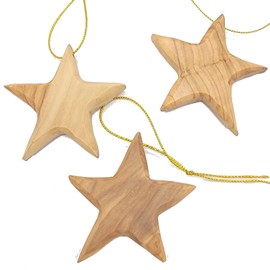 Handcrafted Olive Wood Star Ornaments for Christmas - Set of 3 Artisanal 2.56" x 2.76" Tree Decorations, Rustic Eco-Friendly Holiday Decor, Festive Wooden Accents for Seasonal Charm
