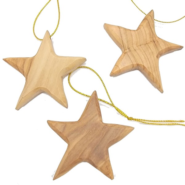 Handcrafted Olive Wood Star Ornaments for Christmas - Set of