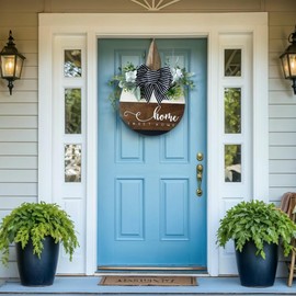 12 Inch Wooden Sign - Home Sweet Front Door Decorations with Eucalyptus Wreath and Bow - Four Seasons Holiday Hanging Decorations for Indoor Outdoor - Everyday Decor Weddings, Housewarmings (Brown, 12)