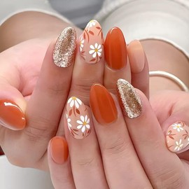 Flowers Press on Nails Almond Medium Fake Nails Orange Floral Acrylic Nails Glossy Spring False Nails Gold Glitter Artificial Nails Glue on Nails for Women Manicure Nails Decoration 24Pcs