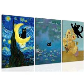 Funny Black Cat Wall Art Monet Cat in Water Lilies Canvas Wall Decor Van Gogh Starry Night Sunflower Aesthetic Pictures Paintings Prints for Bedroom Living Room Bathroom 16x24 in Framed