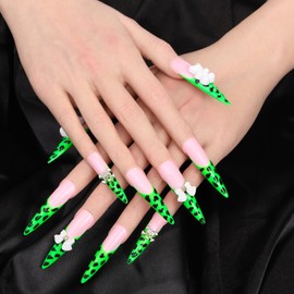 Artiprint Leopard Print Press On Nails with 3D Bear, Bow, and Rhinestone, Long Stiletto Shape, Green & Pink Nail Art for Cute & Trendy Manicure, Set of 10(L061,L)
