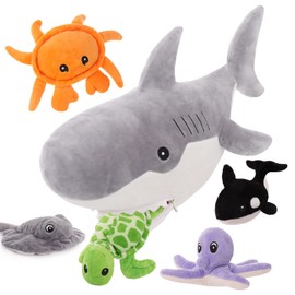 Muiteiur 23-Inch Plush Great White Shark with 5 Piece Soft Stuffed Sea Animals Includes Stuffed Octopus, Crab, Turtle, Stingray, and Killer Whale, Gift for Girlfriend Kids